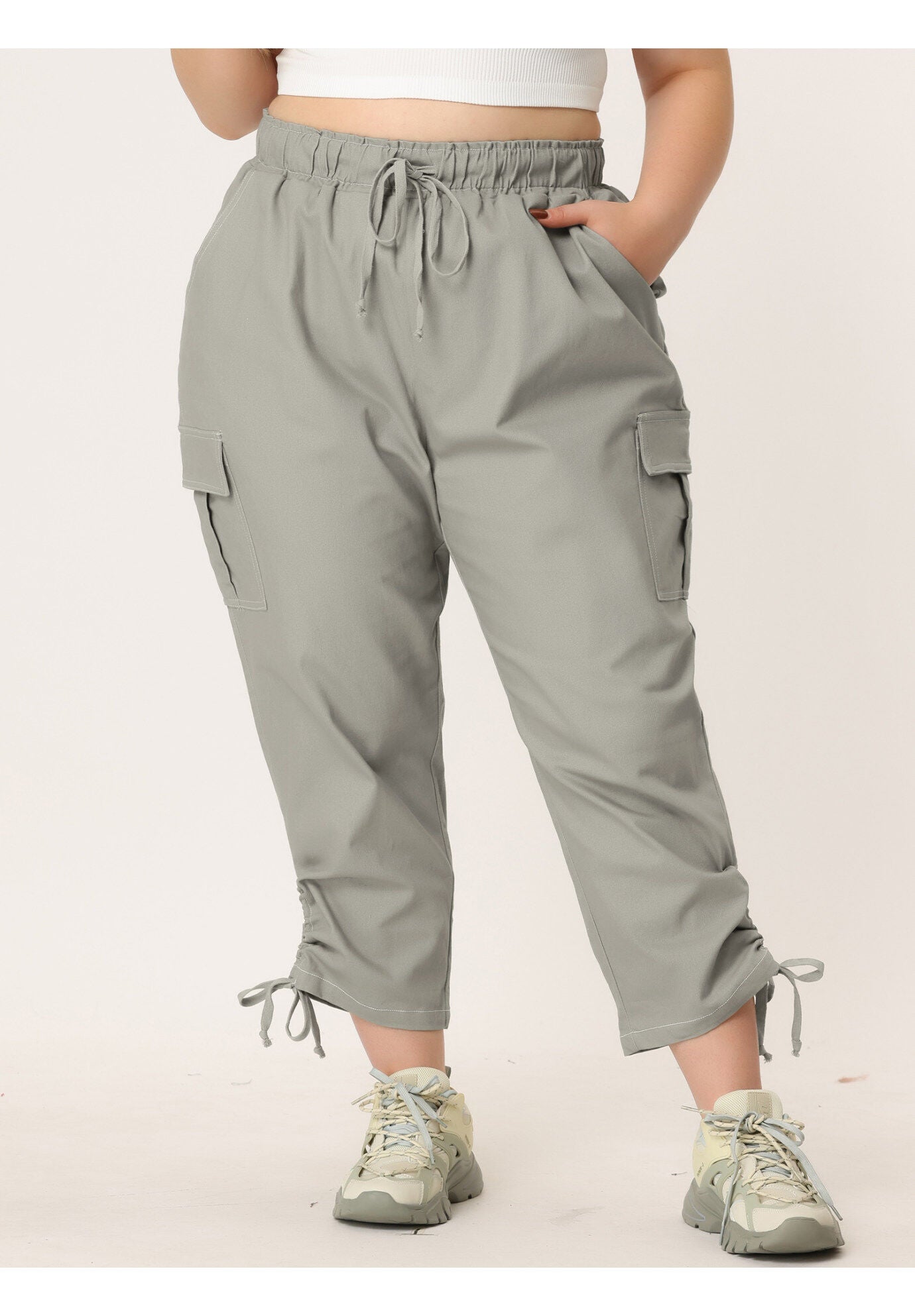 DRAWSTRING ELASTIC WAIST CARGO PANTS, Gray / Cool Gray, alternate image number 1