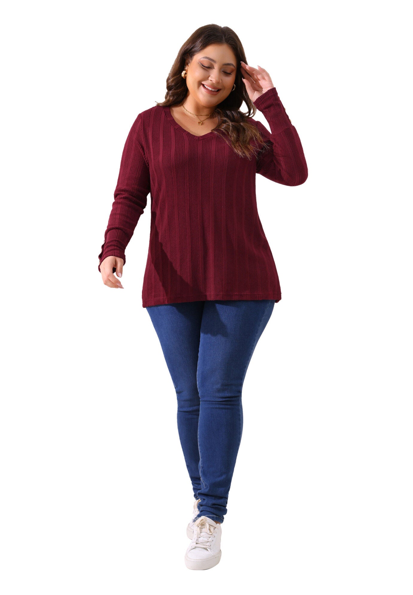 V Neck Button Stretchy Pullover Sweater Knit Top, Burgundy / Burgundy, hi-res image number 0
