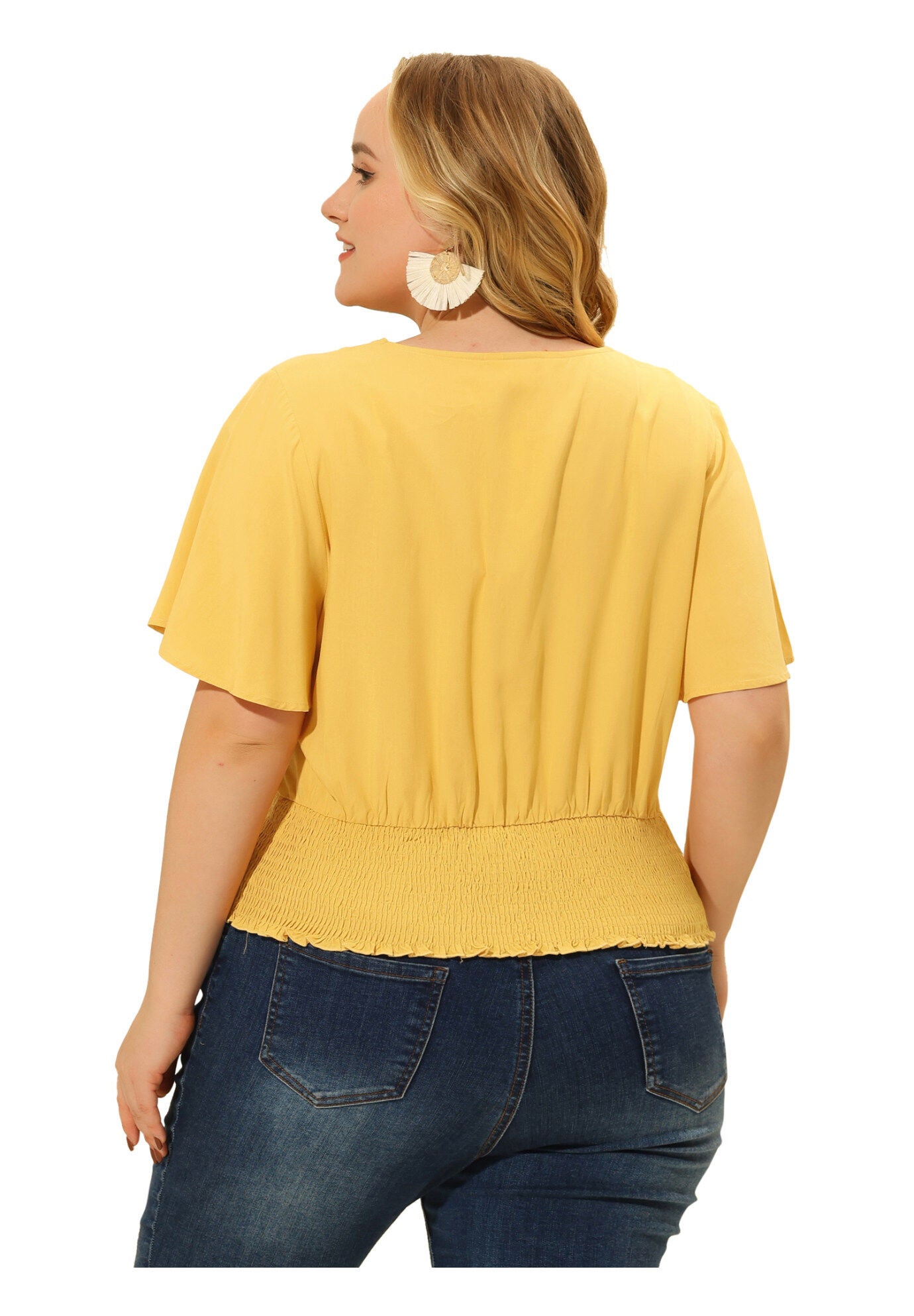 V Neck Button Up Short Sleeve Shirred Crop Shirt Blouse, Yellow / Yellow, alternate image number 3