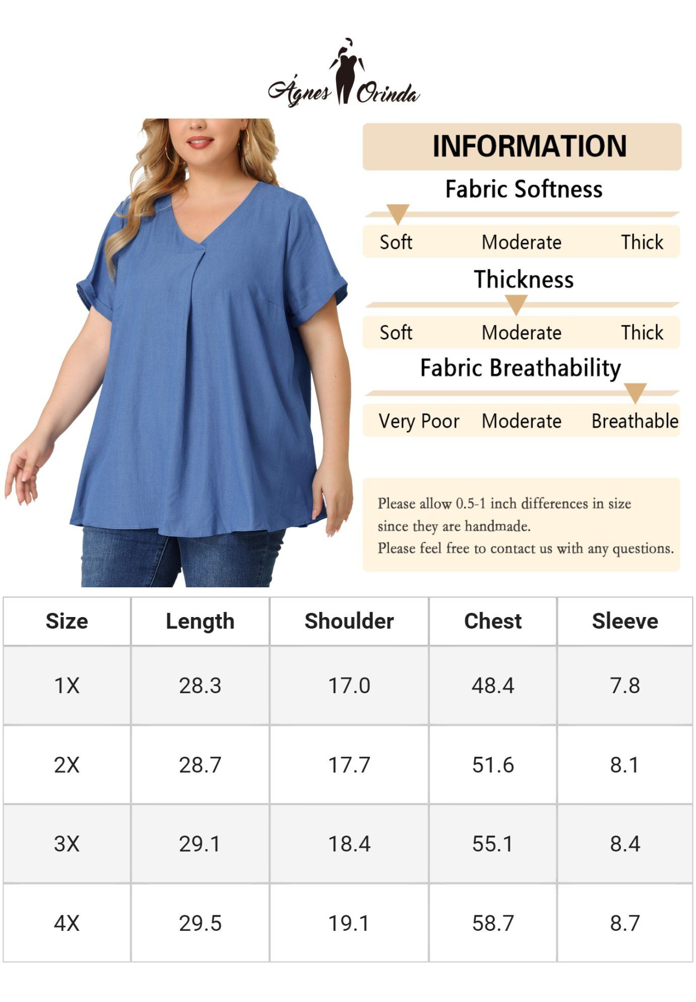 Chambray Pleat Front V Neck Short Sleeve Blouse Top, Blue / Cornflower Blue, alternate image number 4