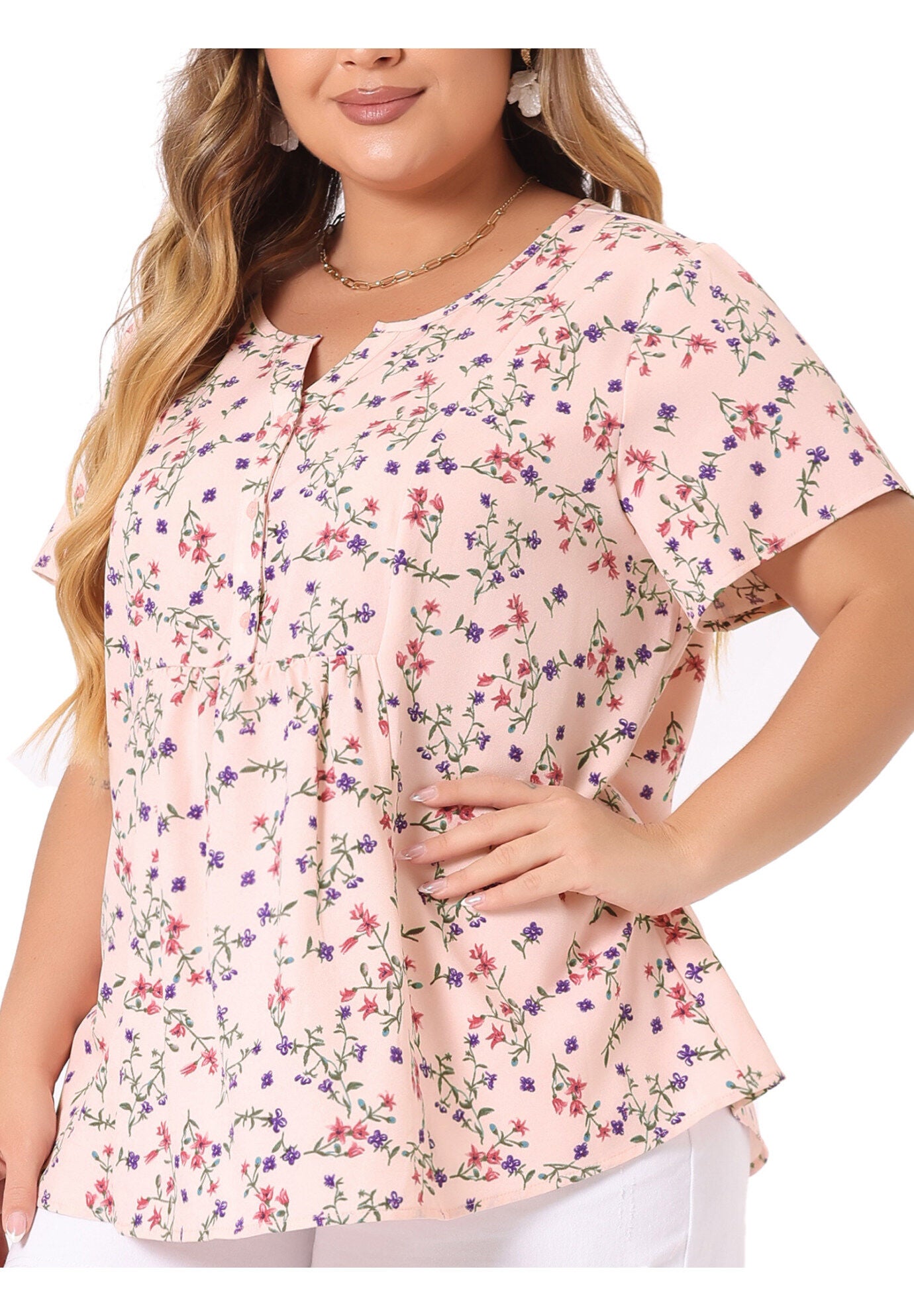 Summer Top Floral Half Placket Short Sleeve Casual Blouse, Pink / Pink, alternate image number 1