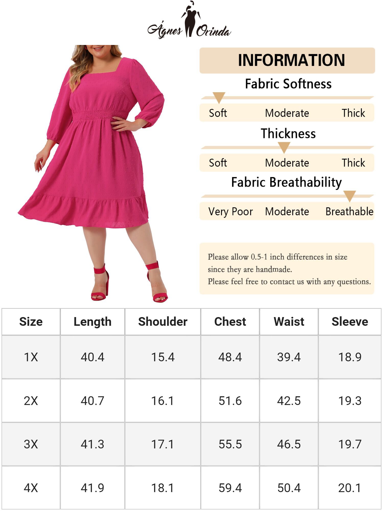 Swiss Dots Bohemian Square Neck Midi Chiffon Dress, Hot Pink / Deep Fuchsia, alternate image number 4