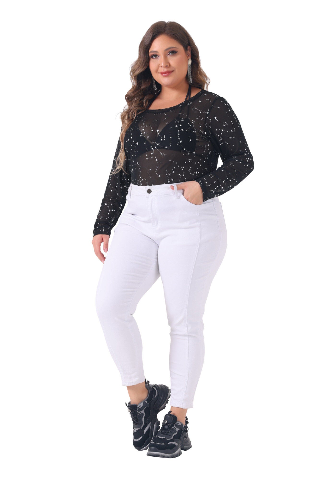 Sheer Mesh Long Sleeve Crew Neck Top, Black / Black, hi-res image number 0