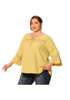 3/4 FLARE SLEEVE PEASANT KEYHOLE TIE BLOUSE TOP