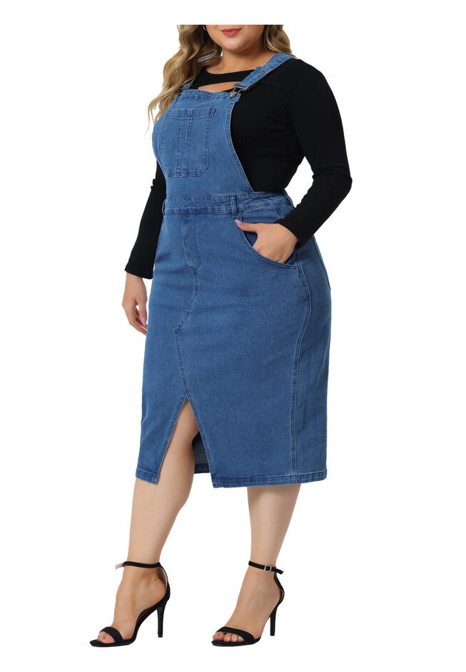 Denim Overall Classic Adjustable Straps Slit Hem Jeans Suspender Dress, Blue / Chambray Denim Medium, alternate image number 1