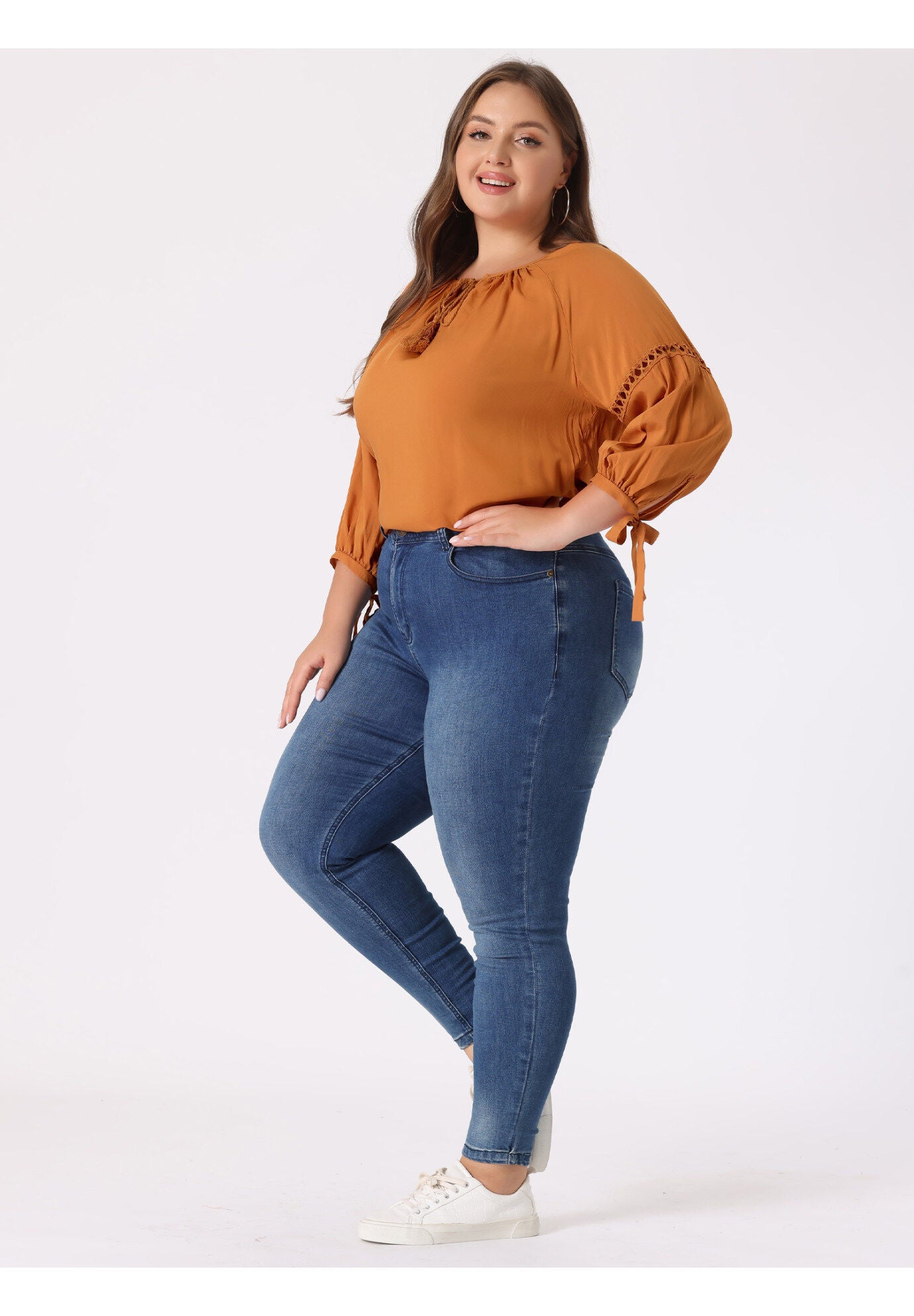 RAGLAN SLEEVES HOLLOW OUT TIE NECK PEASANT TOP, Orange / Orange, hi-res image number 0