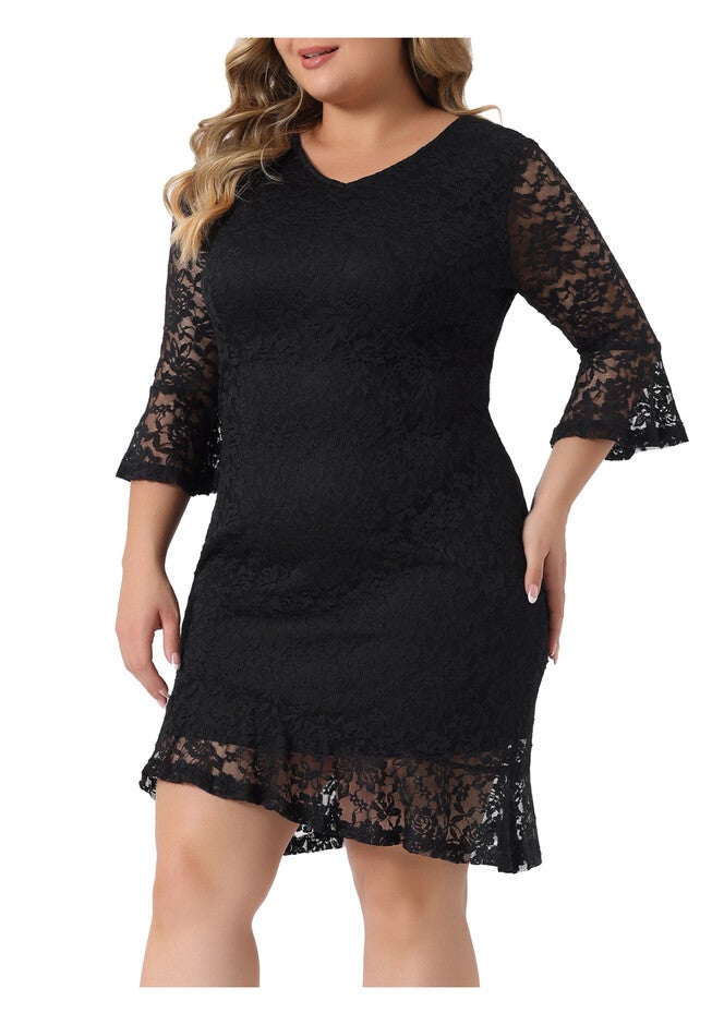 Ruffle Sleeves Cocktail Bodycon Dress, Black / Black, alternate image number 1