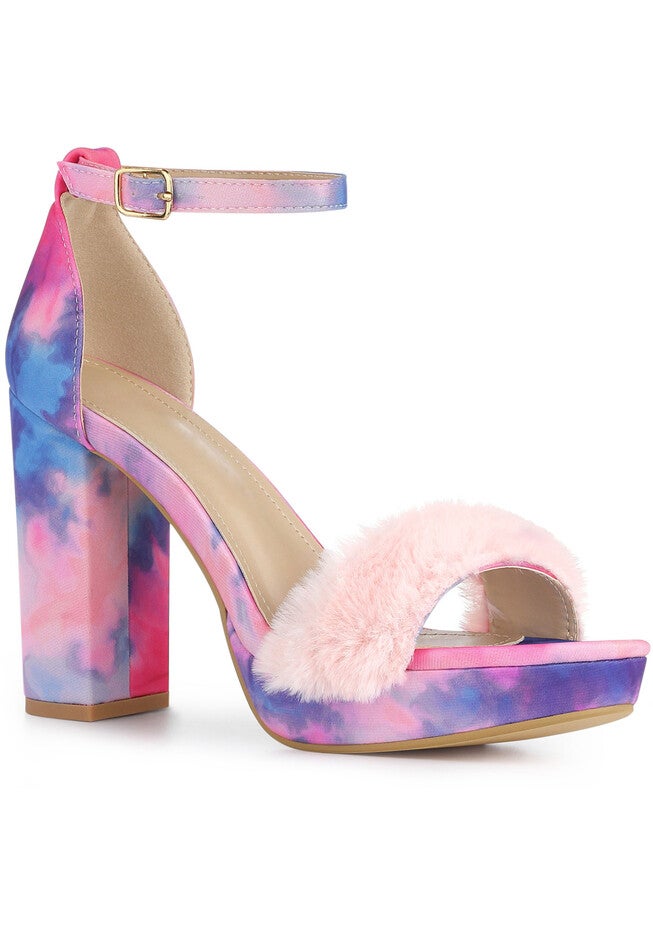 Tie Dye Faux Fur Chunky Heels Platform Sandals, Hot Pink / Pink, hi-res image number null