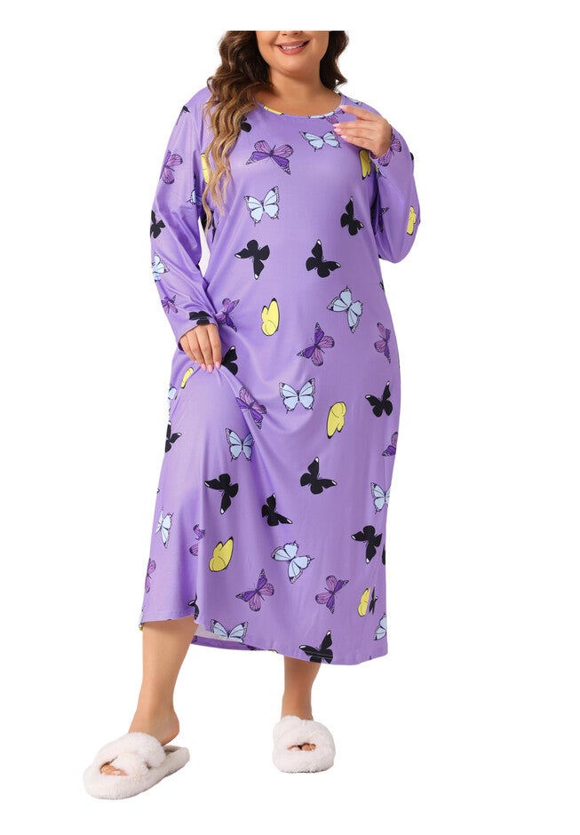 Crew Neck Long Sleeve Print Sleep Dress, Light Purple / Purple, alternate image number null