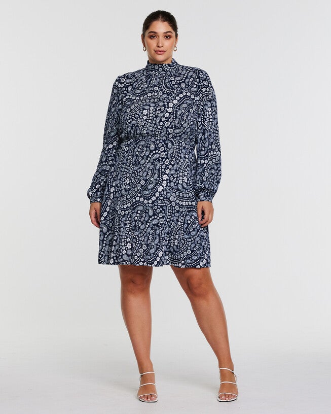 Robin Long Sleeved Navy Paisley Dress, , alternate image number 6