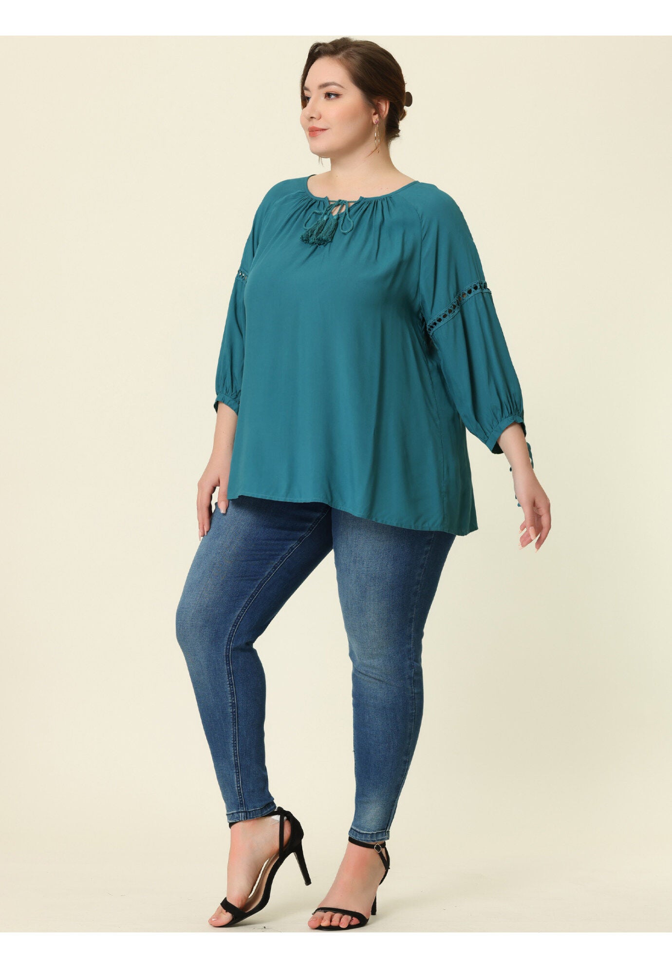 RAGLAN SLEEVES HOLLOW OUT TIE NECK PEASANT TOP, Peacock Blue / Azure Blue, alternate image number 1