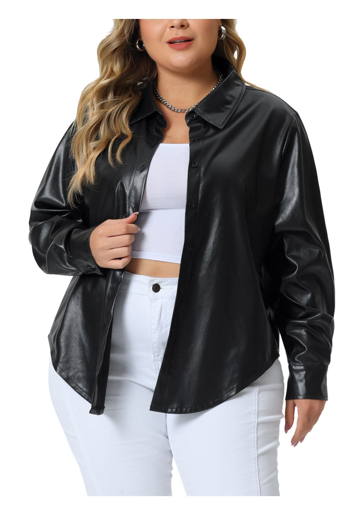 FAUX LEATHER JACKET SHACKET BUTTON DOWN SHIRT, Black / Black, alternate image number 2