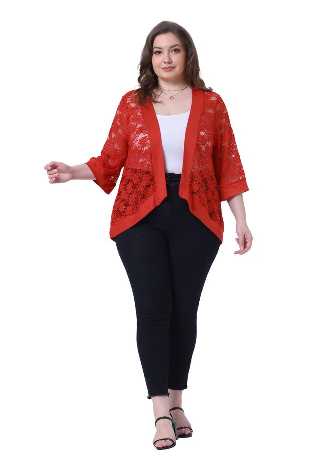 LACE CROCHET CARDIGAN 3/4 SLEEVE SHEER LIGHTWEIGHT COVER UP, Red / Red, hi-res image number 0