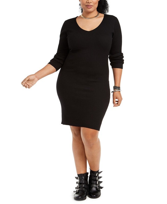 Planet Gold Women's Trendy Plus Size Lace-Up-Back Bodycon Dress Black Size 3 Extra Large, Black / Black, hi-res image number 0