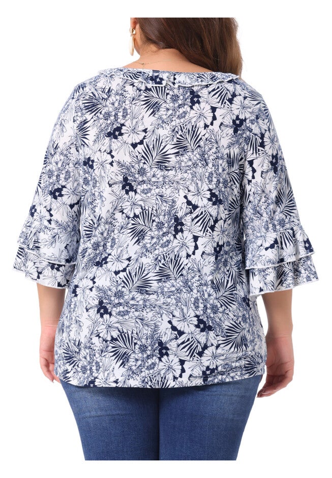 Floral Print V Neck Tiered Ruffle Bell Sleeve Blouse Top, White Blue / White, alternate image number null