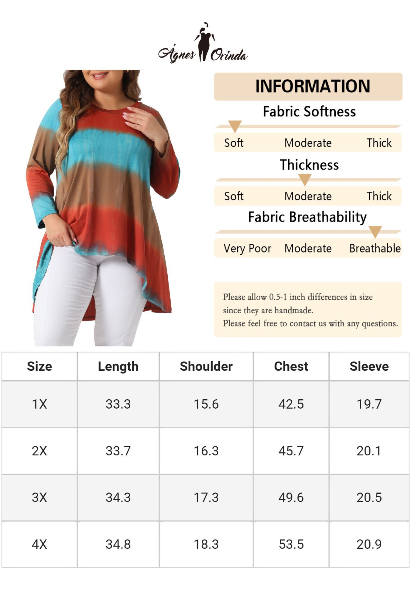 Tie Dye Crew Neck 3/4 Sleeve High Low Tunic Top Tee Shirt, Orange / Orange, alternate image number 4