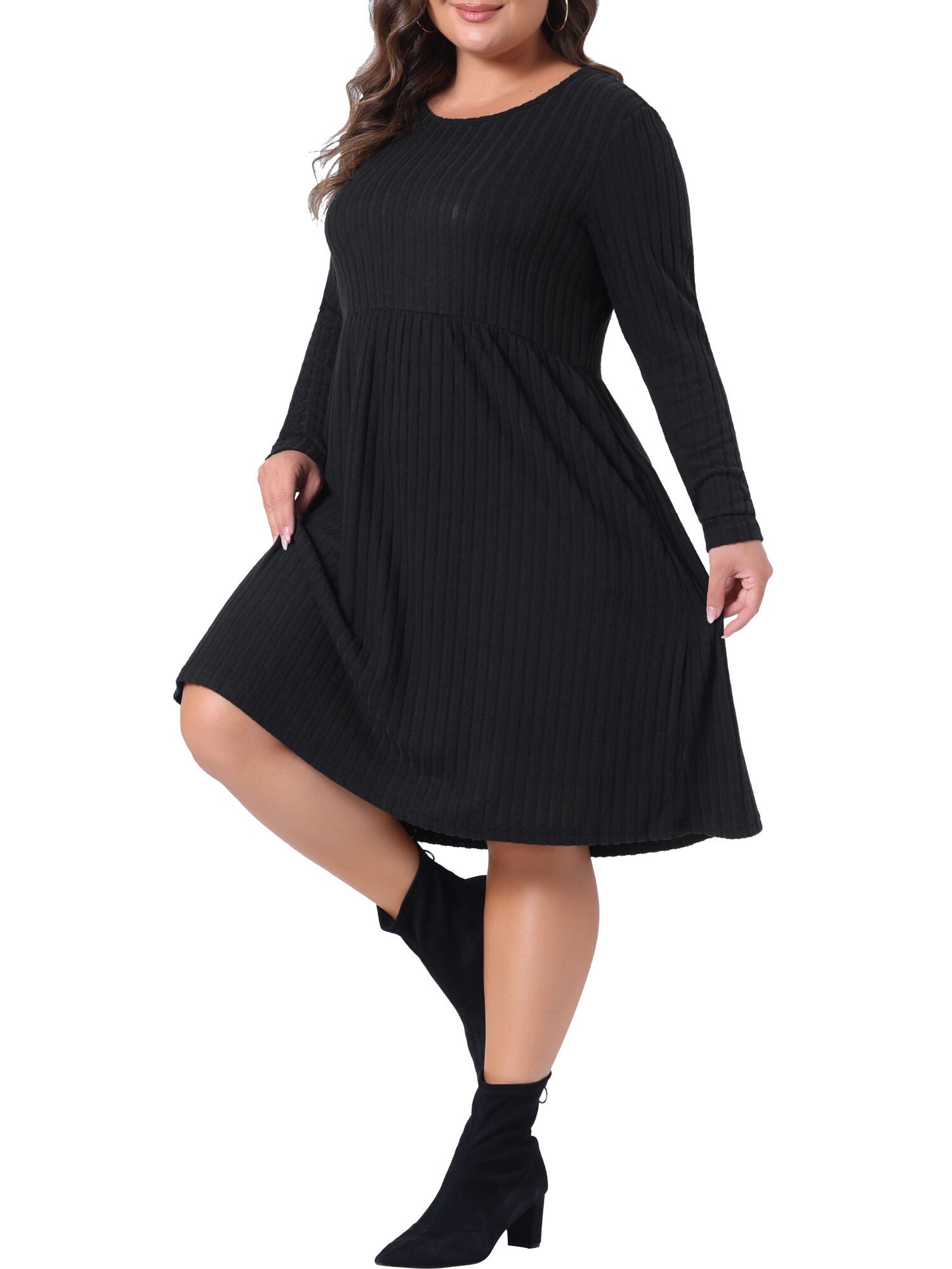 Round Neck Long Sleeve Elegant Ribbed Midi Knit Sweater Dress, Black / Black, alternate image number 1