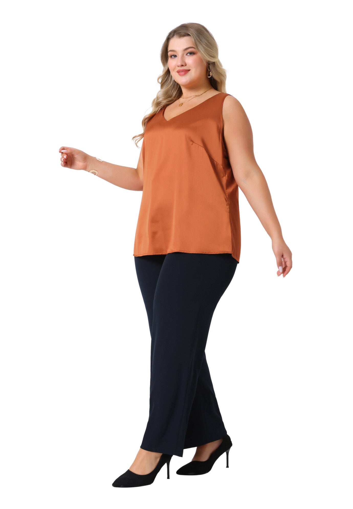 Satin Tank Top V Neck Casual Sleeveless Cami, Caramel / Tan, hi-res image number 0