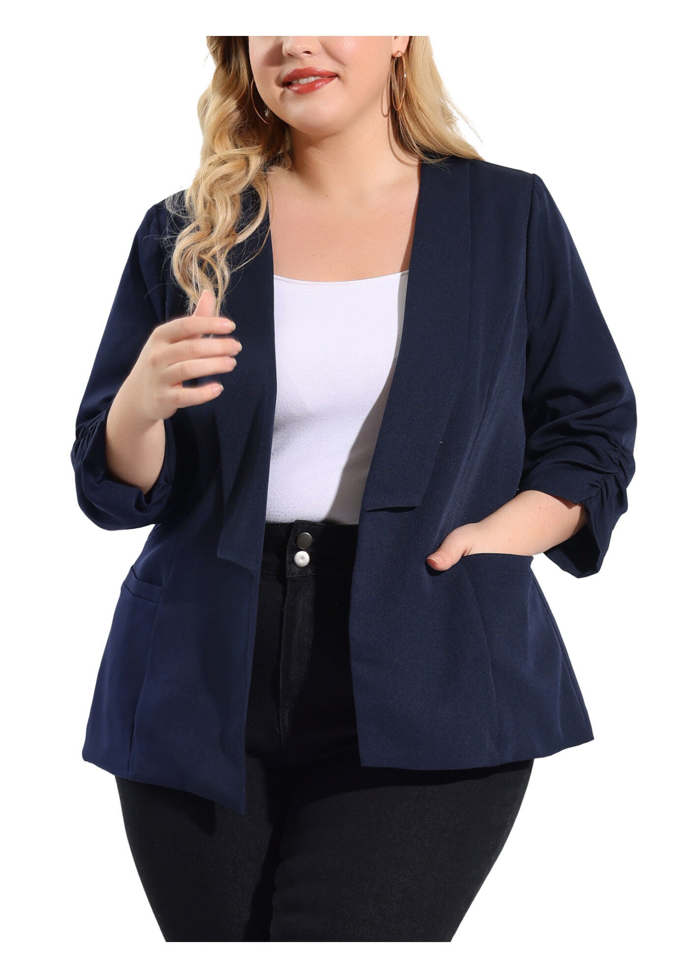OPEN FRONT 3/4 RUCHED SLEEVE LIGHTWEIGHT BLAZER, Dark Blue / Navy, alternate image number 2