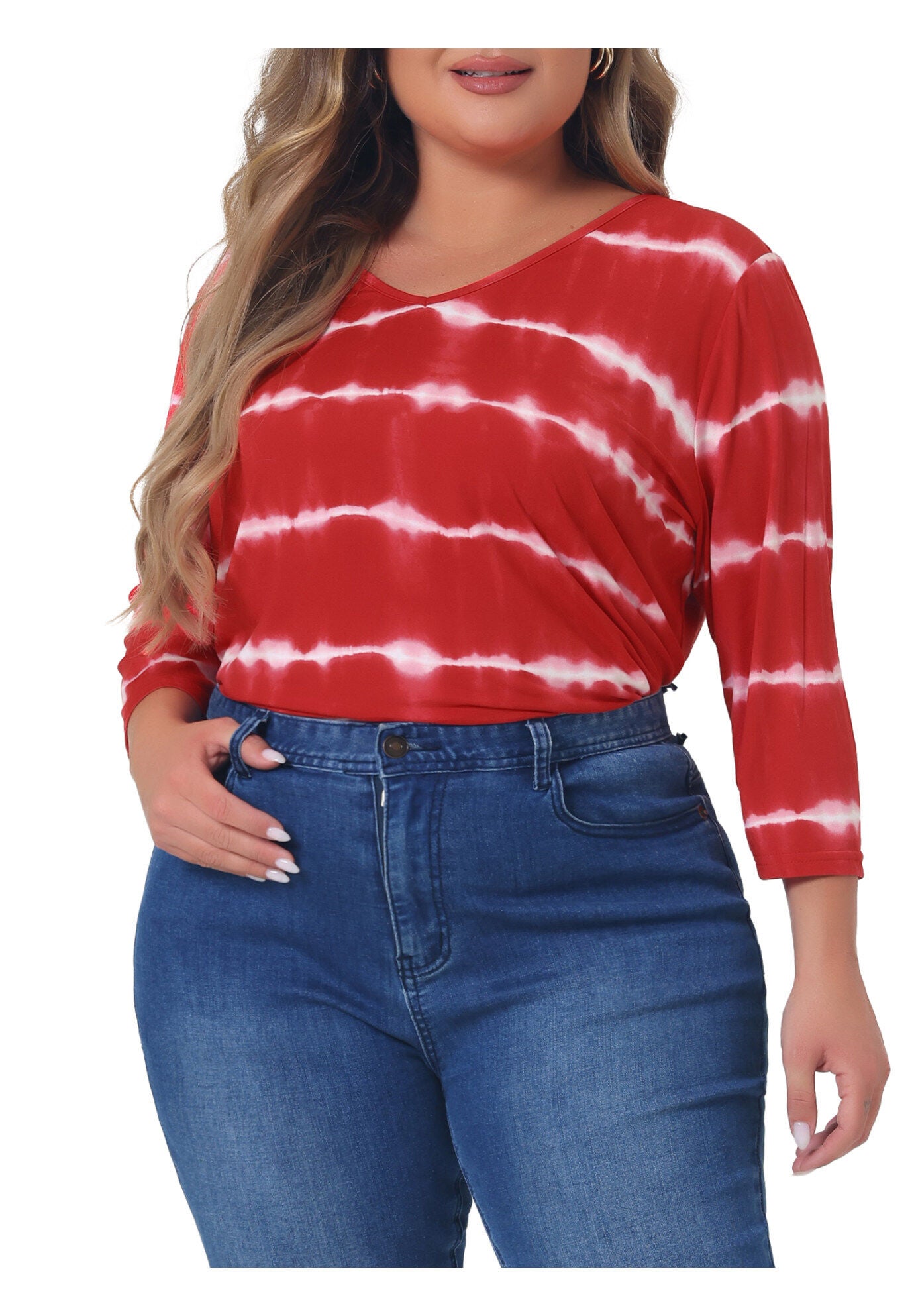 V Neck 3/4 Sleeve Loose Casual Striped Tie Dye Print T-Shirt Top, Red / Red, alternate image number 1