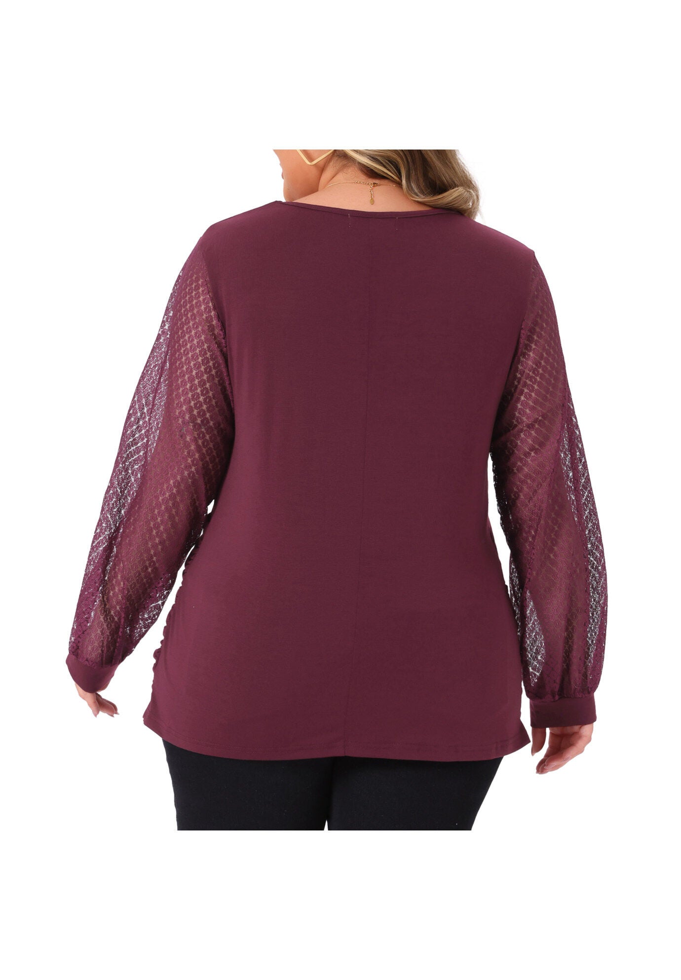 V Neck Wrap Ruched Bishop Lace Sleeve Blouse, Burgundy / Burgundy, alternate image number 3