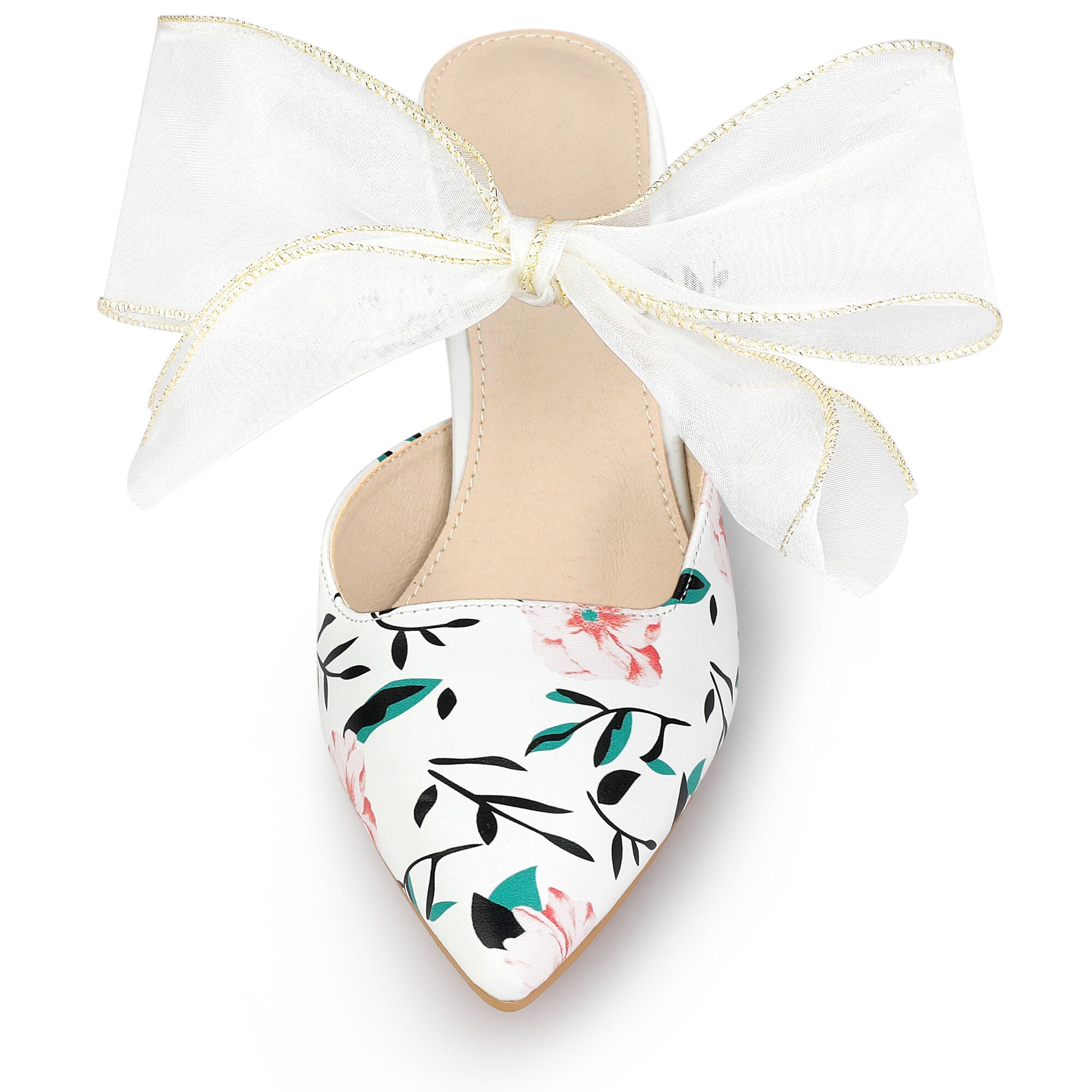 Pointed Toe Lace Bow Stiletto Heels Floral Mules, White / White, alternate image number 2