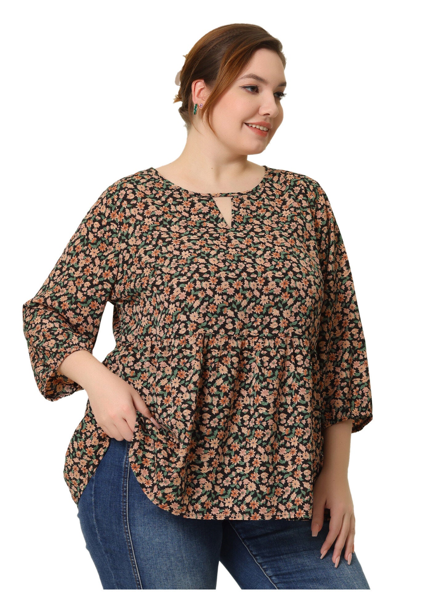 3/4 Sleeves Babydoll Chiffon Keyhole Floral Flowy Top Blouse, Black Beige / Beige, hi-res image number 0