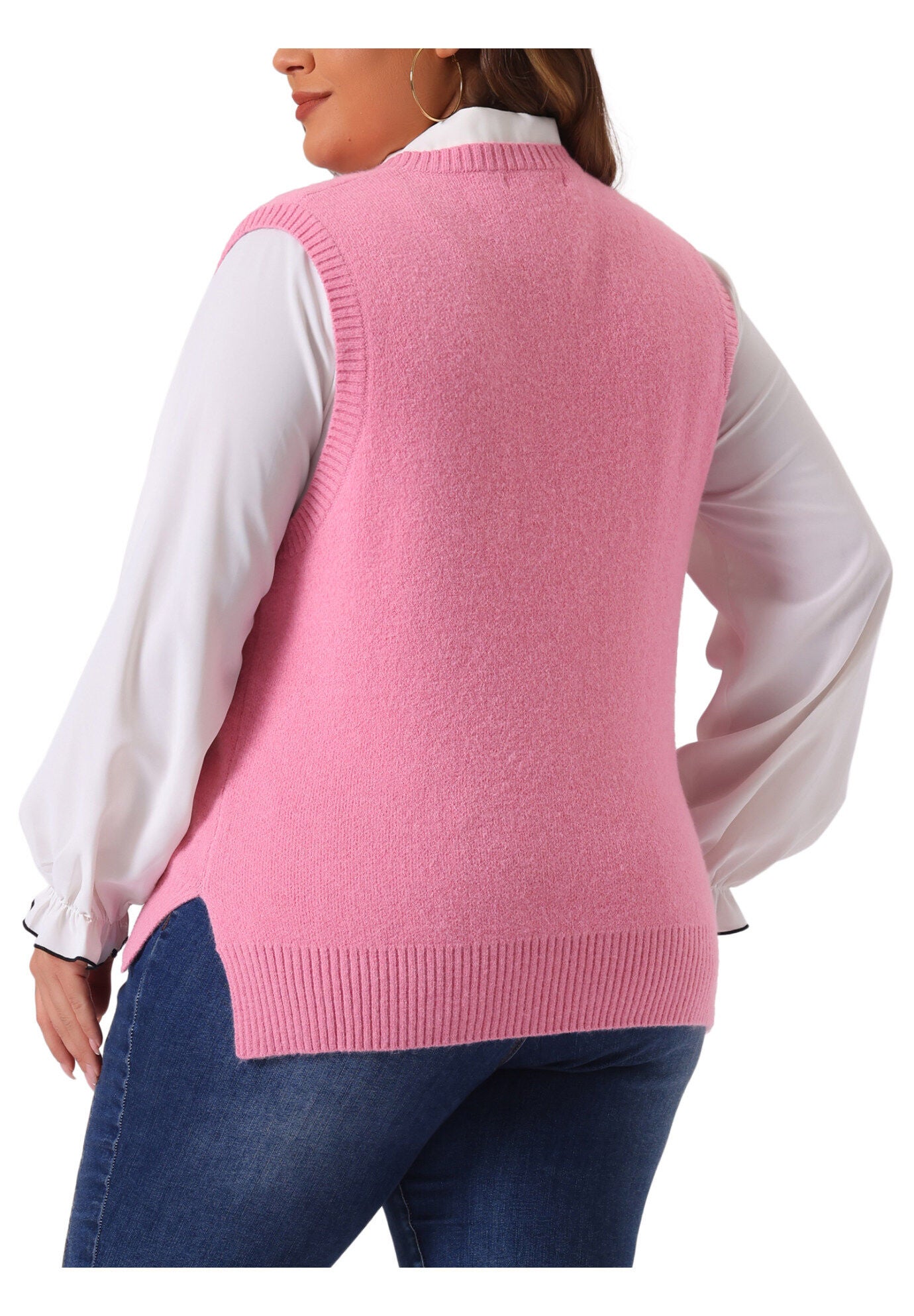 V Neck Knit Vest Sleeveless Pullover Sweater Top, Pink / Pink, alternate image number 3