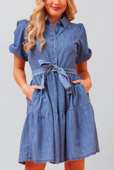 Bella Denim Tiered Shirt Dress Short Sleeves Belt