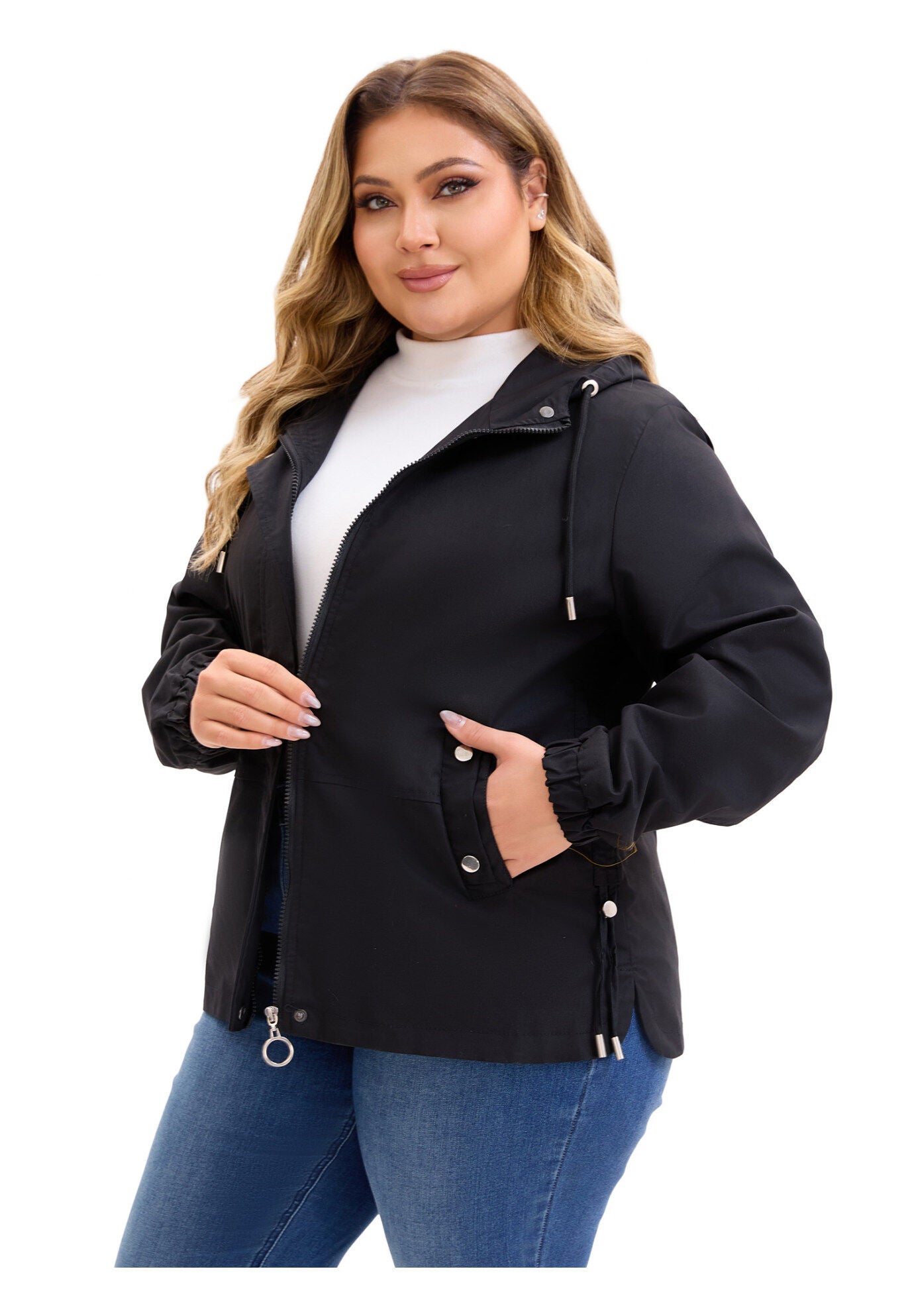 Anorak Zip Up Pockets with Hood Coats Jacket, Black / Black, alternate image number 1