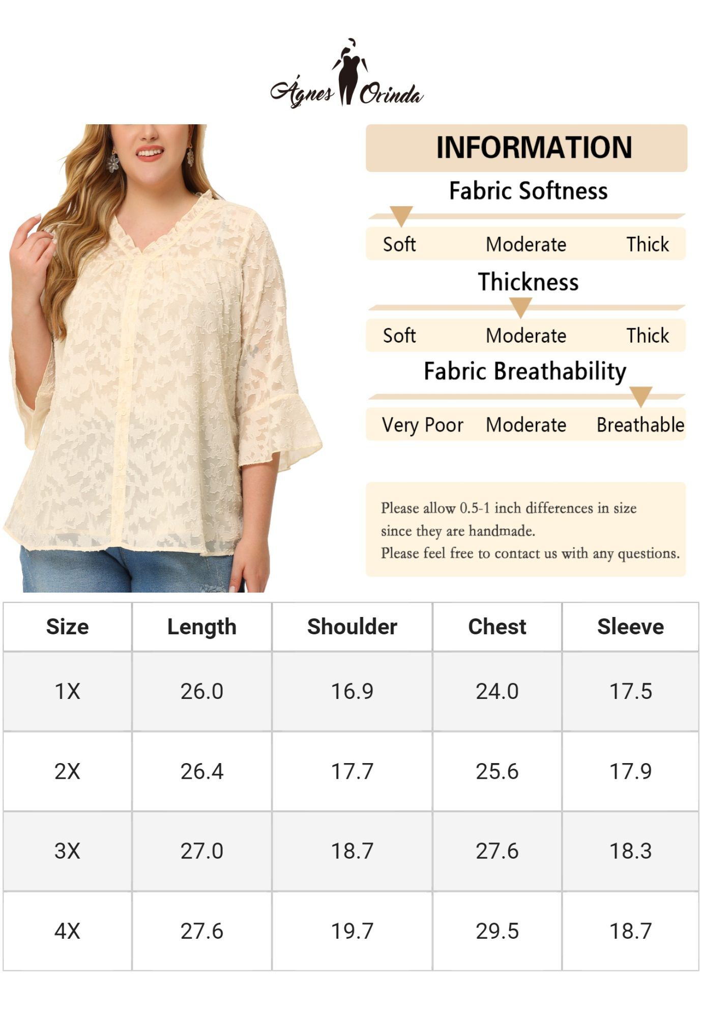 Ruffle V Neck 3/4 Bell Sleeve Semi Sheer Blouse, Apricot / Cream, alternate image number 4