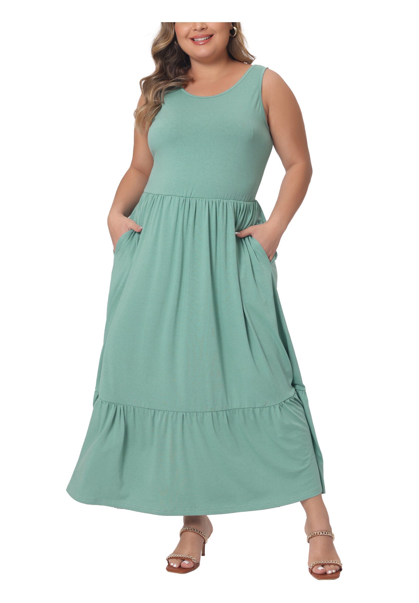 Sleeveless Swing Flowy Summer Maxi T-Shirt Dress with Pockets, Mint Green / Black, alternate image number 2