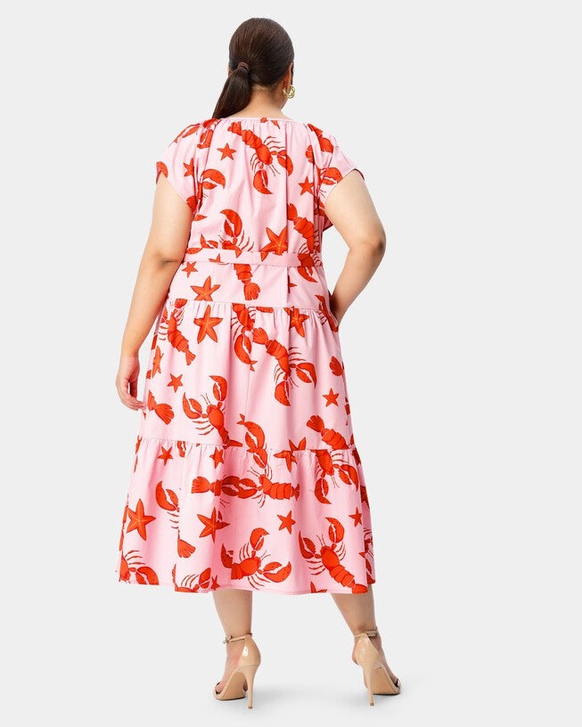 Lobster star print cotton drop waist tiered dress, Pink / Pink, alternate image number null