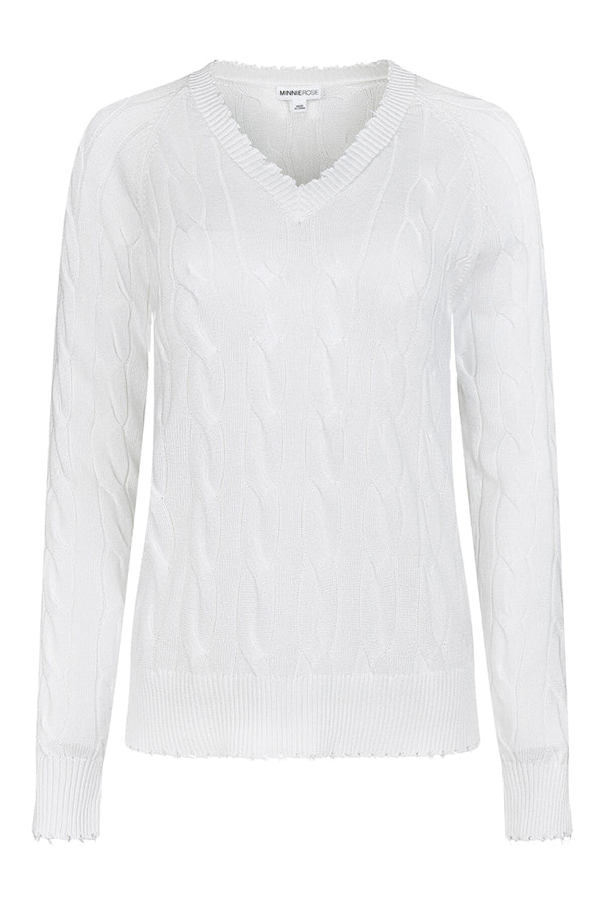 Cotton frayed edge cable v neck, White / White, hi-res image number 0