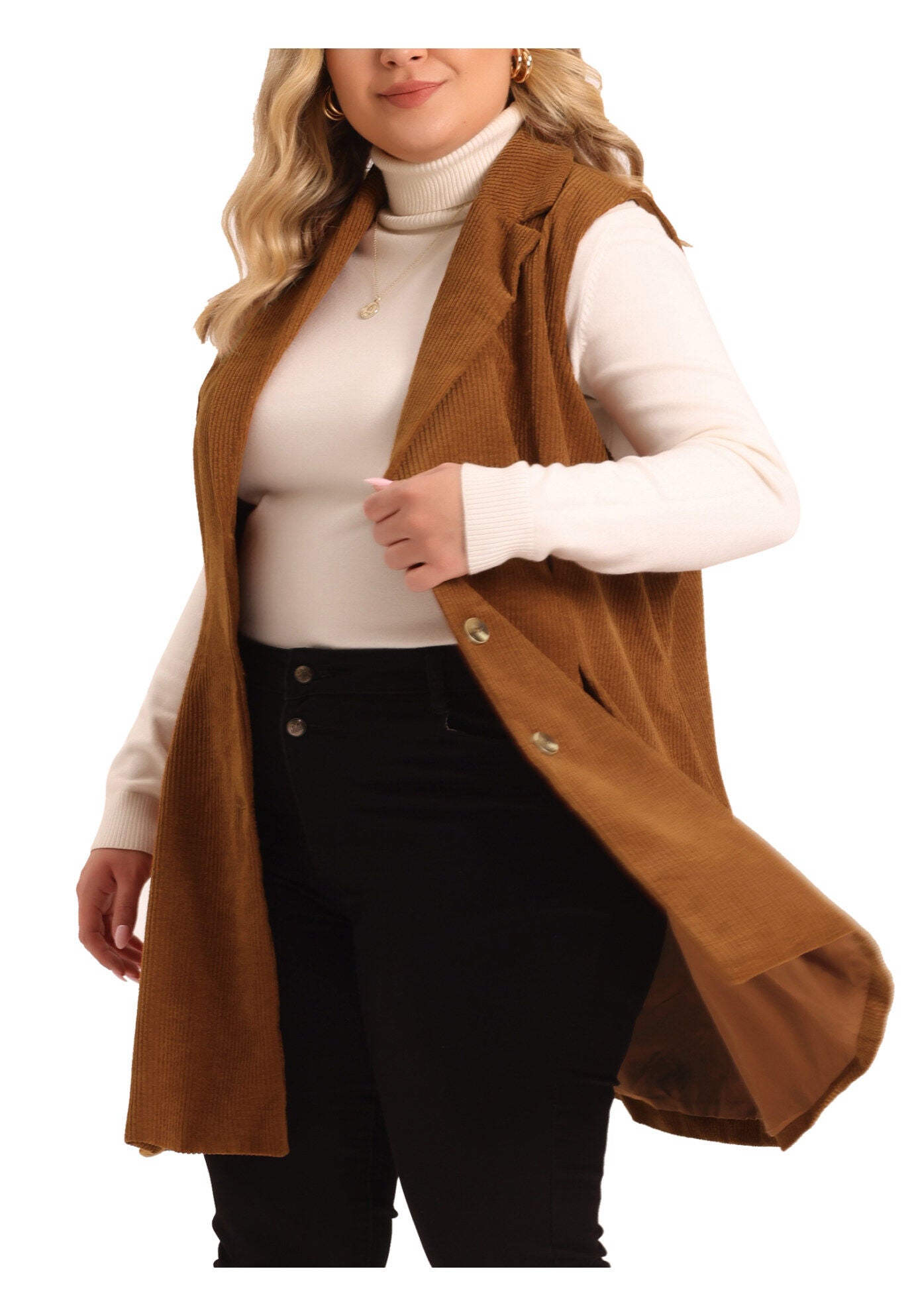 CORDUROY SINGLE BREASTED SLEEVELESS VEST JACKET, Brown / Brown, alternate image number 2