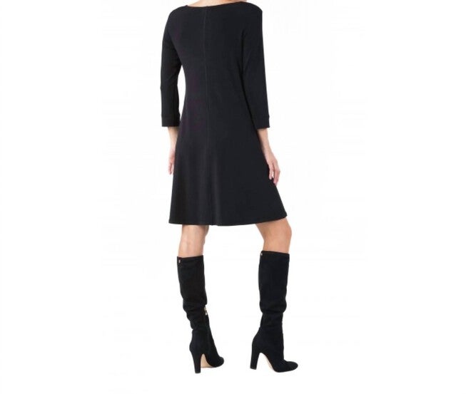 3/4 SLEEVE SCOOP NECK A LINE DRESS IN BLACK, Black / Black, alternate image number null