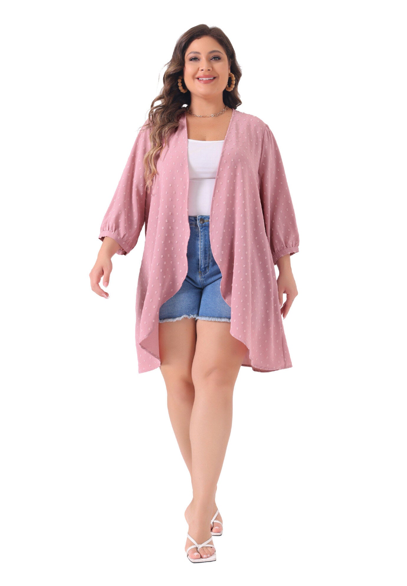 OPEN FRONT 3/4 SLEEVE SWISS DOTS LIGHTWEIGHT COVER UP CARDIGAN, Pink / Pink, hi-res image number 0