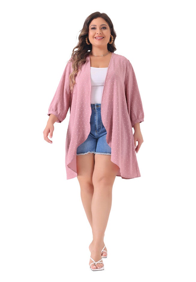 OPEN FRONT 3/4 SLEEVE SWISS DOTS LIGHTWEIGHT COVER UP CARDIGAN, Pink / Pink, hi-res image number 0