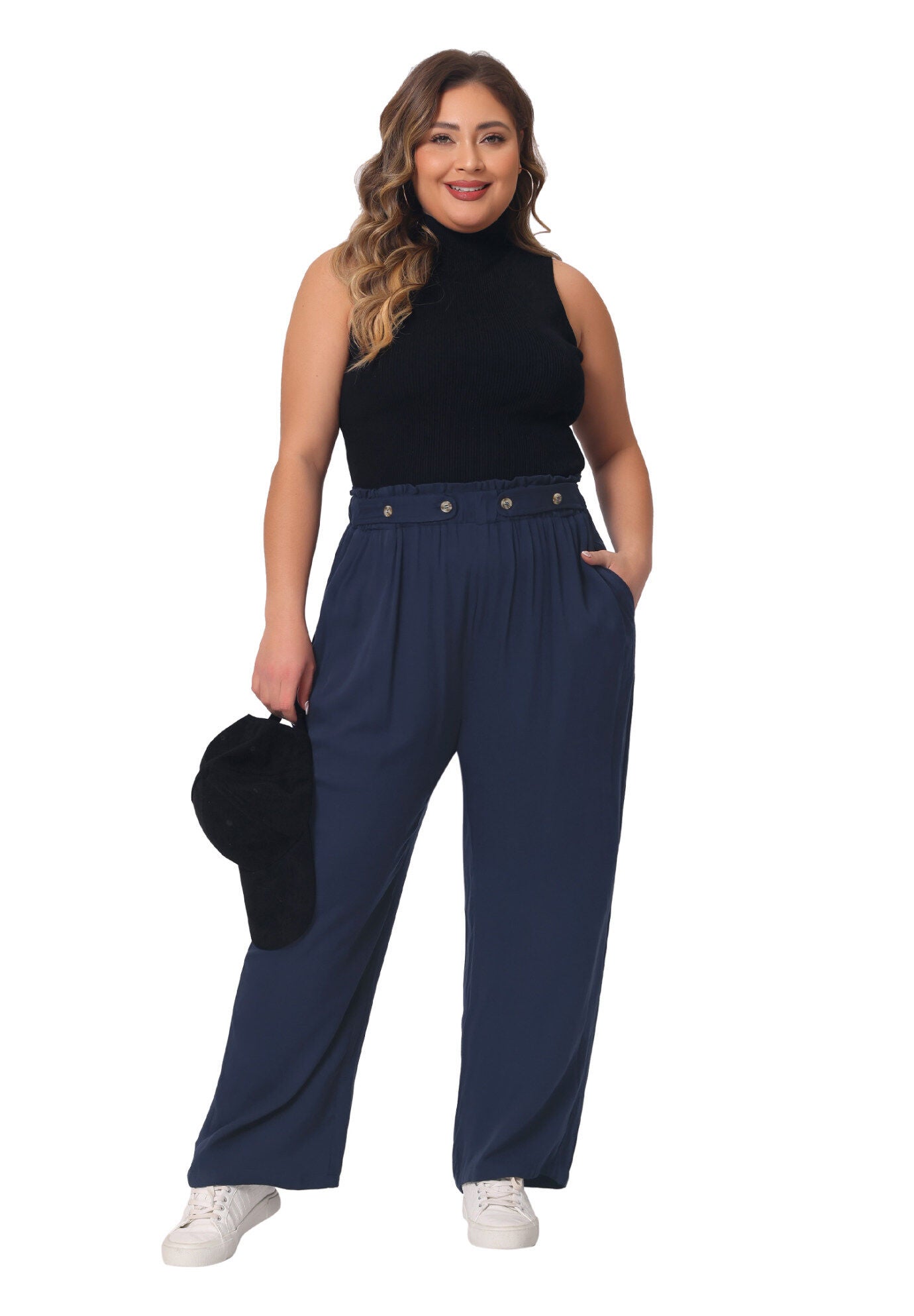 STRETCHY HIGH WAISTED WIDE LEG PALAZZO PANTS, Navy Blue / Navy, hi-res image number 0