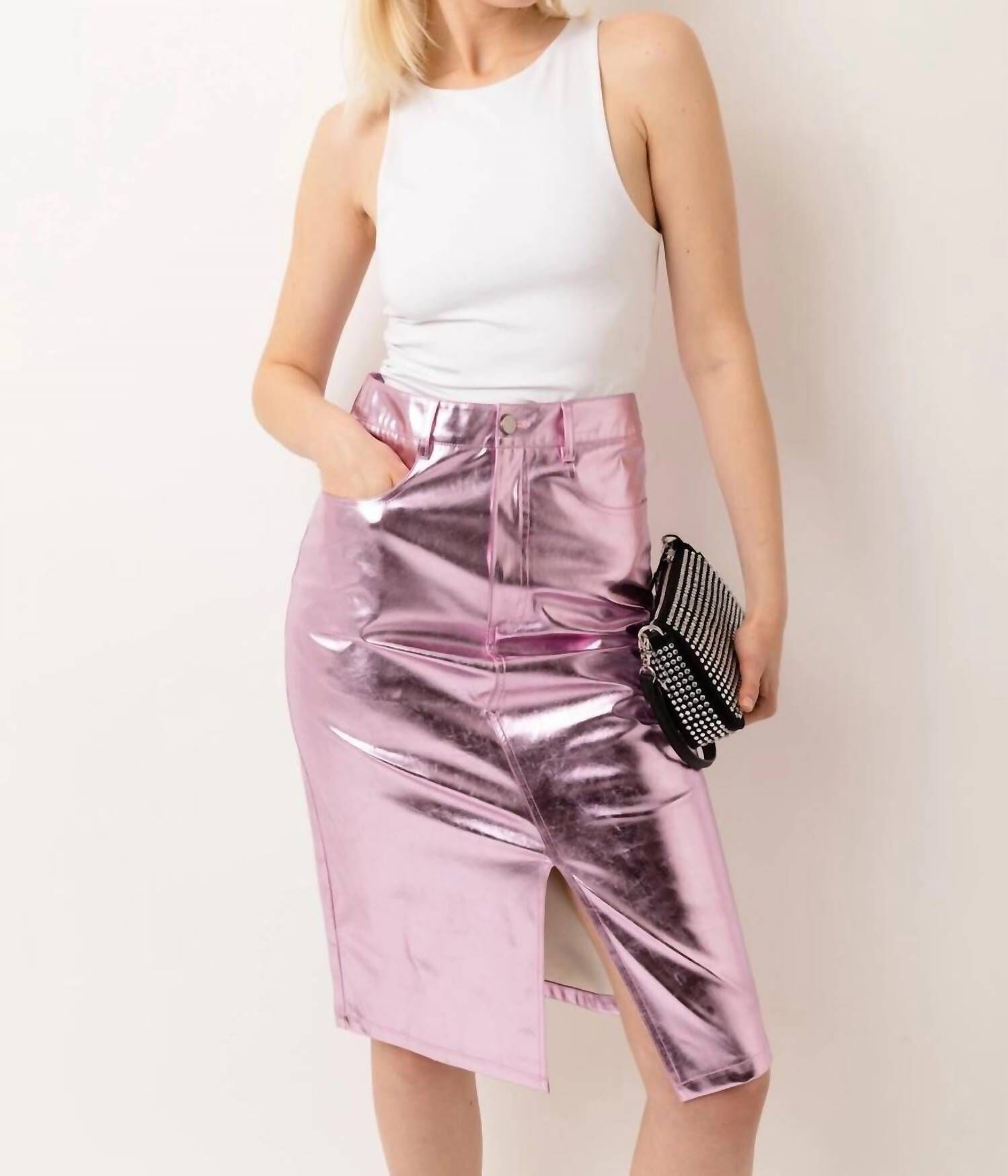 LUPE METALLIC PENCIL SKIRT IN PINK Dia Co