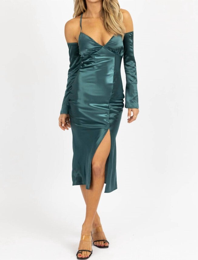 SATIN MAXI DRESS W/ LONG CUFF-SLEEVE IN EMERALD, Emerald / Hunter Green, hi-res image number 0