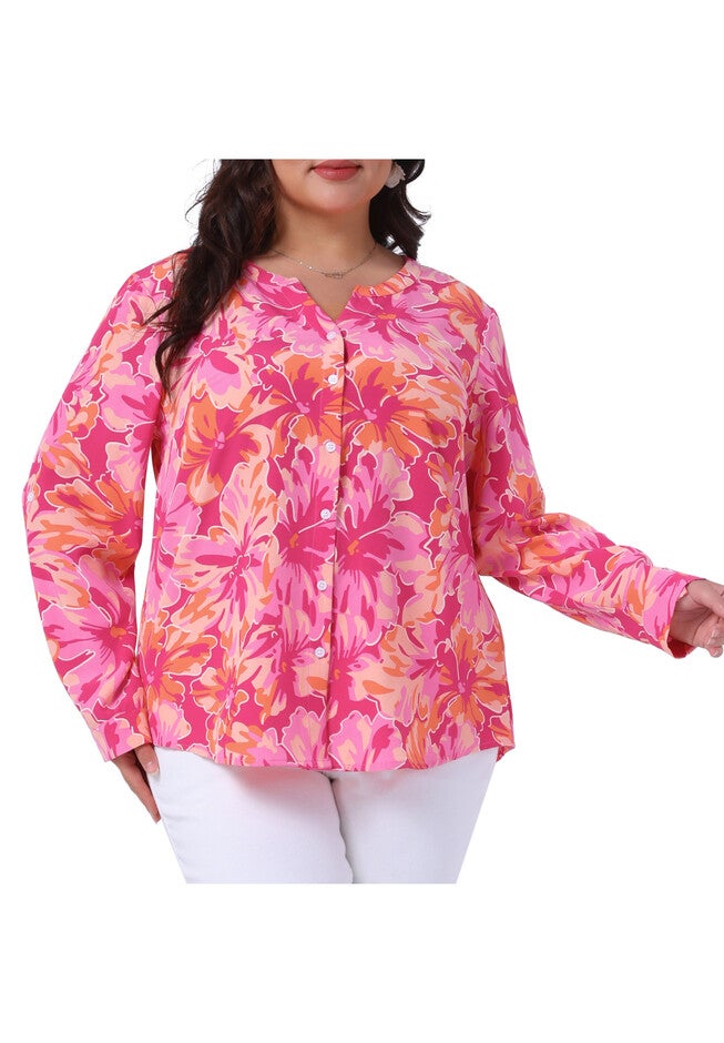 Floral Long Sleeve Notched V Neck Shirt Blouse, Hot Pink / Pink, alternate image number 1