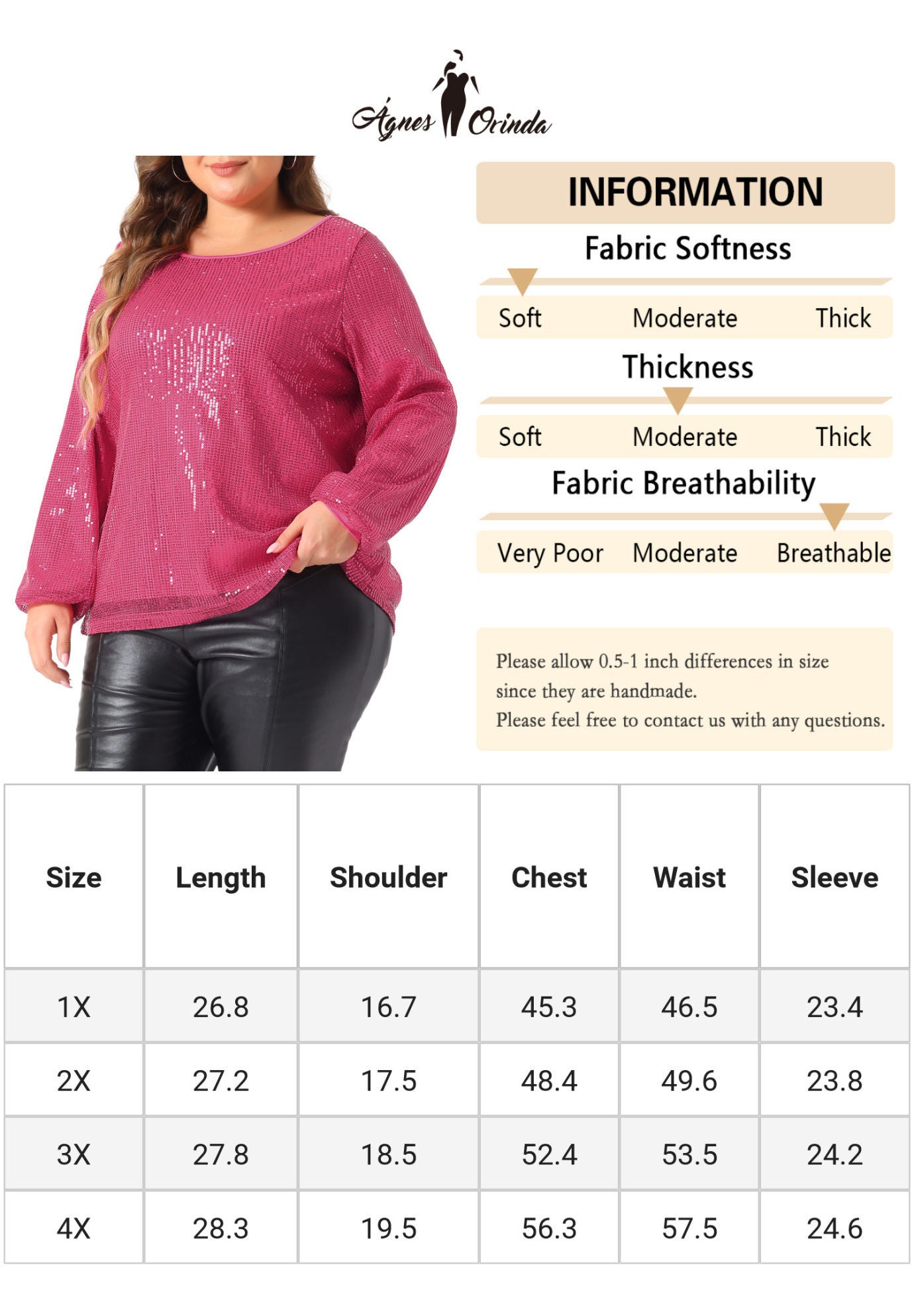 Long Sleeve Glitter Party Sparkly Sequin Top, Hot Pink / Deep Fuchsia, alternate image number 4