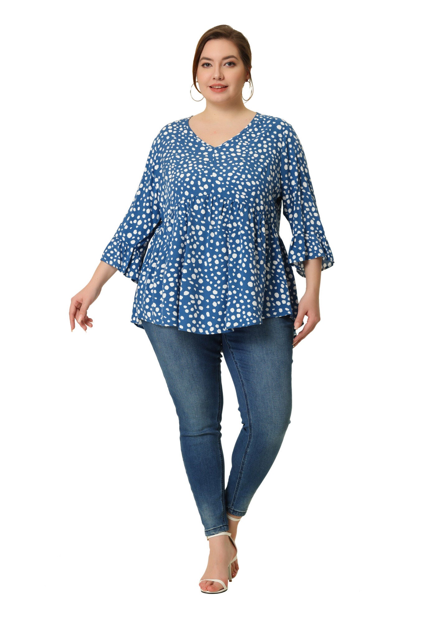 Polka Dots Blouse 3/4 Ruffle Sleeve Peplum Top, Blue / Royal Blue, hi-res image number 0