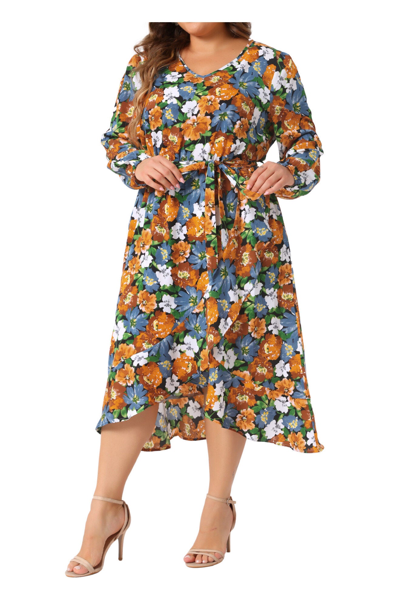 V Neck Long Sleeve Ruffle Chiffon Flowy Floral Maxi Dress with Belt, Black / Black, alternate image number 1