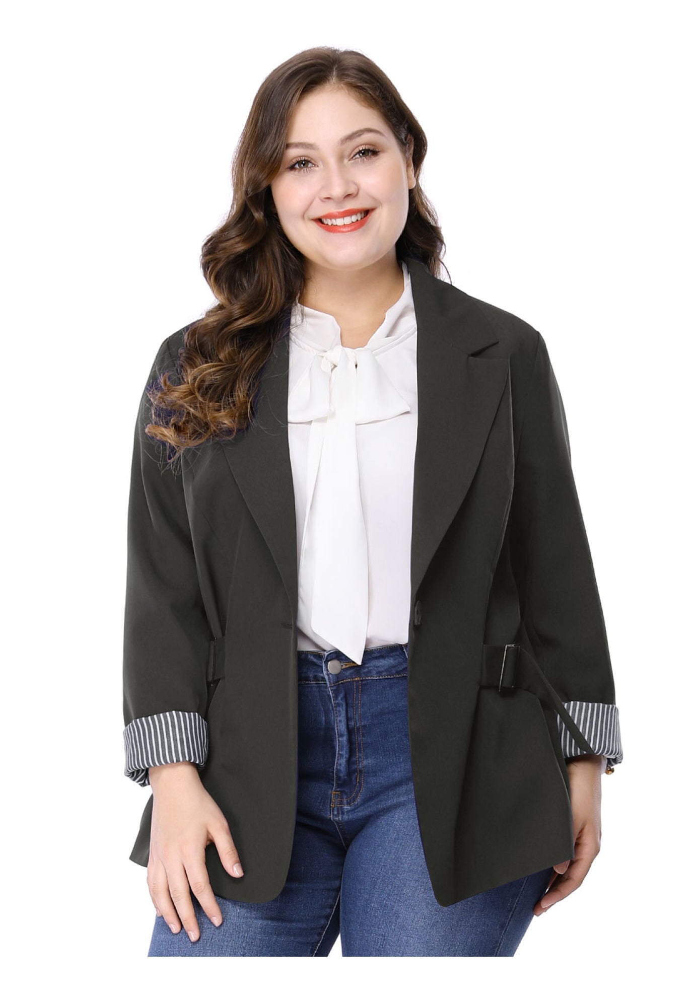 CONTRAST STRIPE CUFF NOTCHED LAPEL BLAZER, Dark Black / Black, alternate image number 3