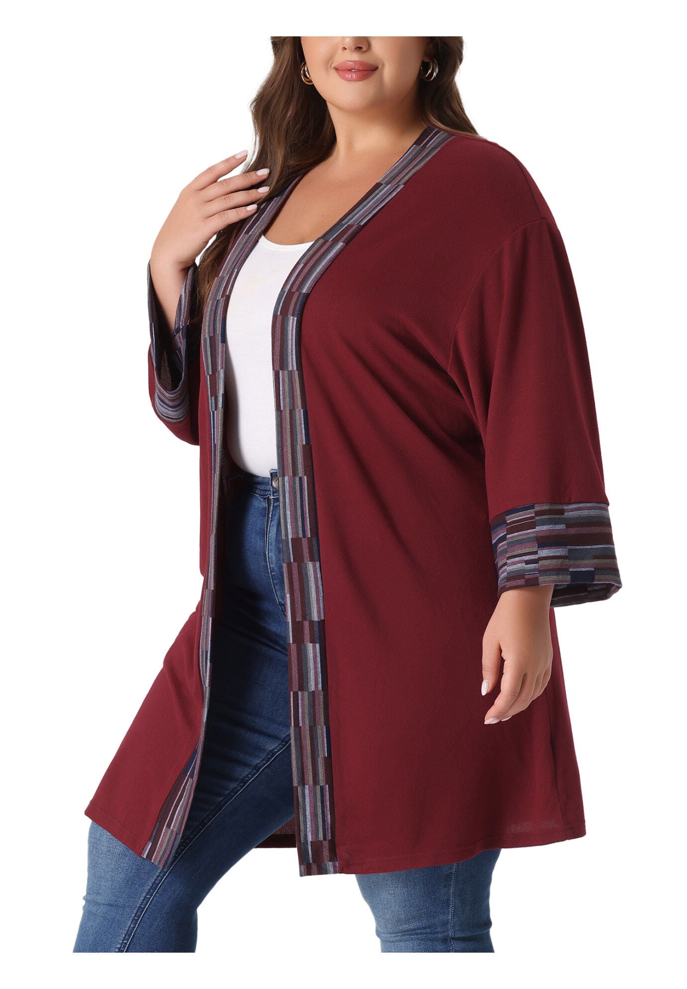 OPEN FRONT BOHO BOHEMIAN KNIT CARDIGAN, Burgundy / Red, alternate image number 2