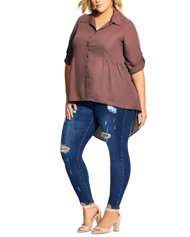 City Chic Women's Trendy Plus High Low Collared Shirt -Brown Size 20W, Brown / Brown, hi-res image number 0