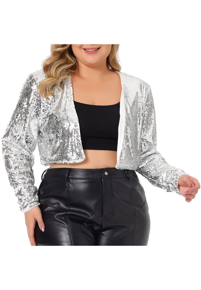 OPEN FRONT LONG SLEEVE METALLIC SEQUIN CROP JACKET, Silver / Silver, alternate image number 4