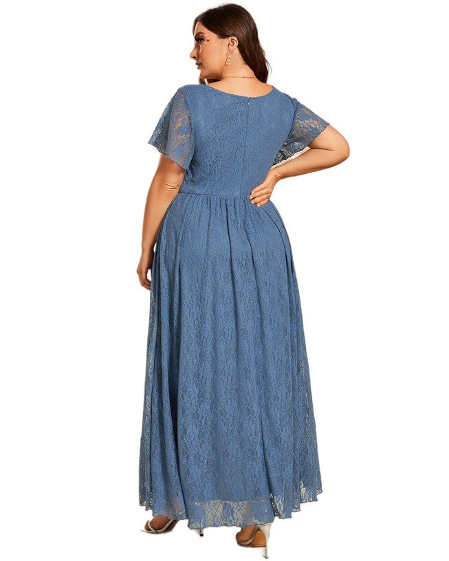 Short Sleeve Ruffled V-Neck A-Line Lace Evening Dress, Dusty Navy / Dusty Blue, alternate image number null